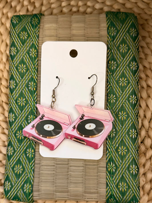 Pink Record Player Earrings