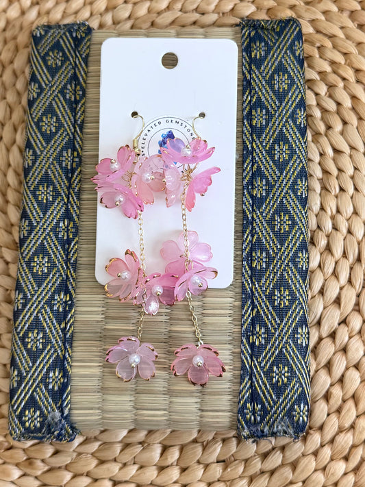 Pink Flower Pearl Dangle Earrings