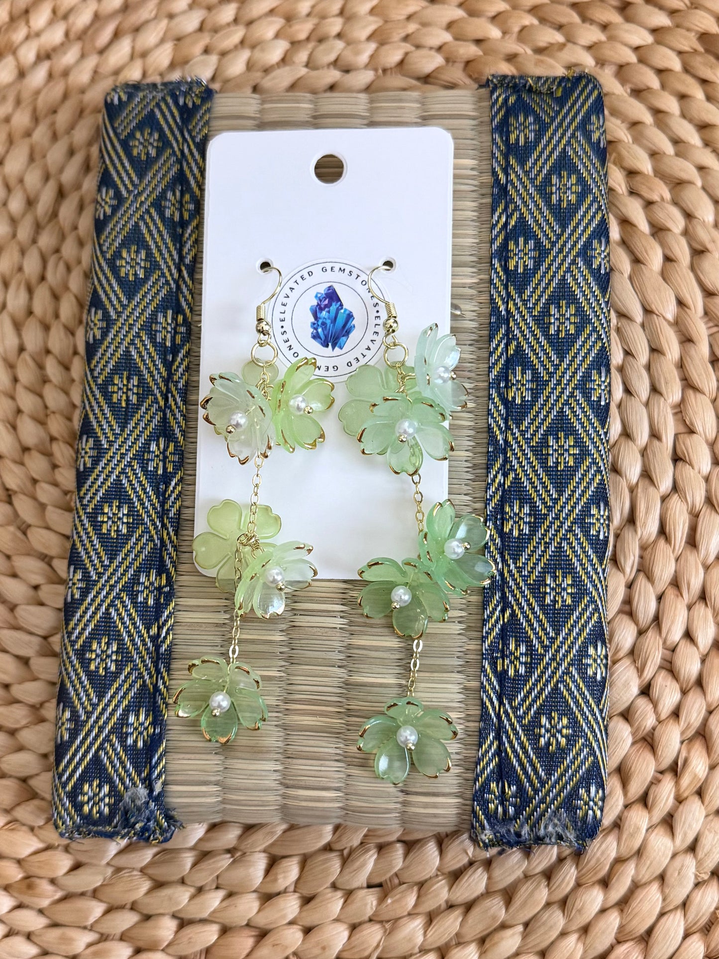 Green Flower Pearl Dangle Earrings