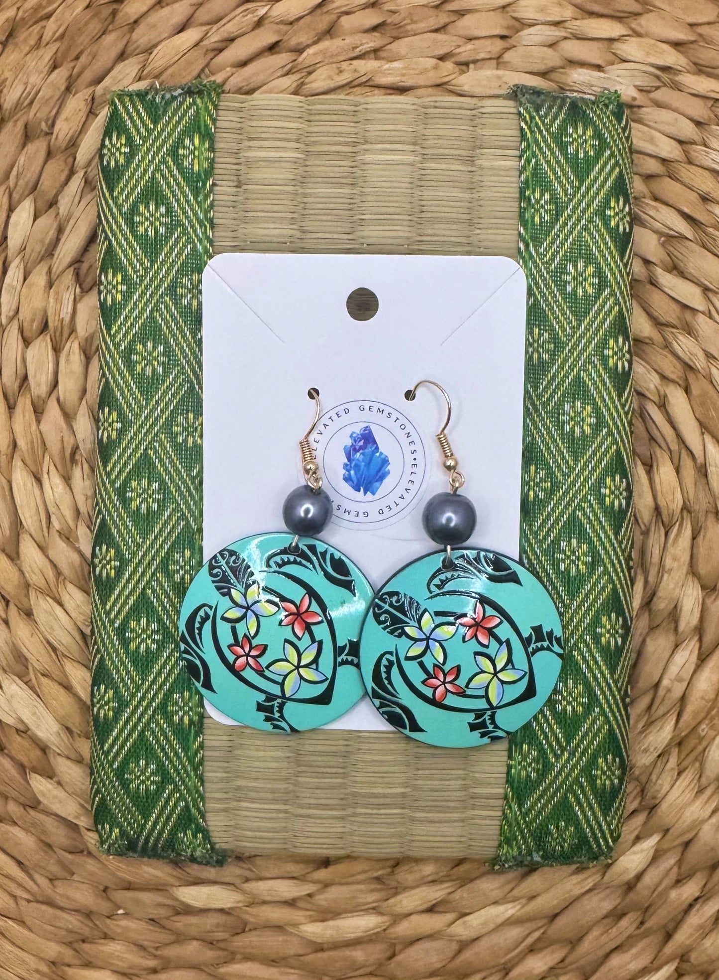 Teal Tribal Sea Turtle Flower Earrings