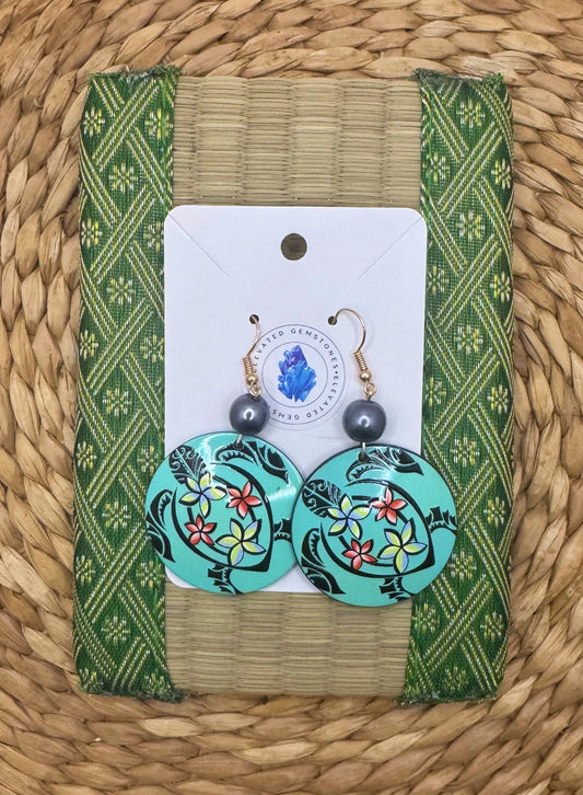 Teal Tribal Sea Turtle Flower Earrings