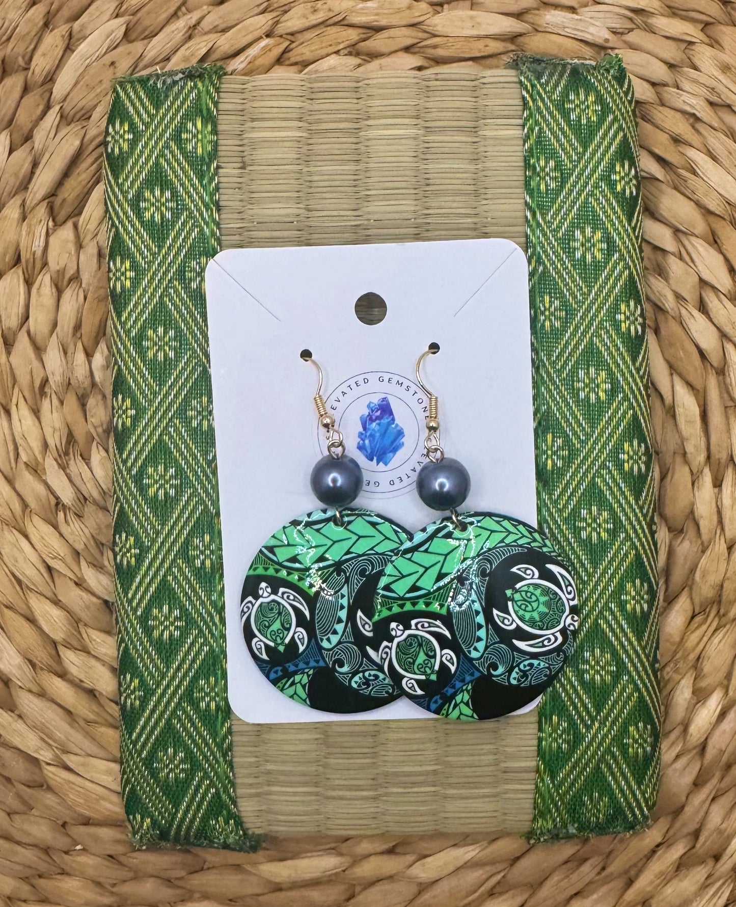 Green Tribal Turtle Earrings