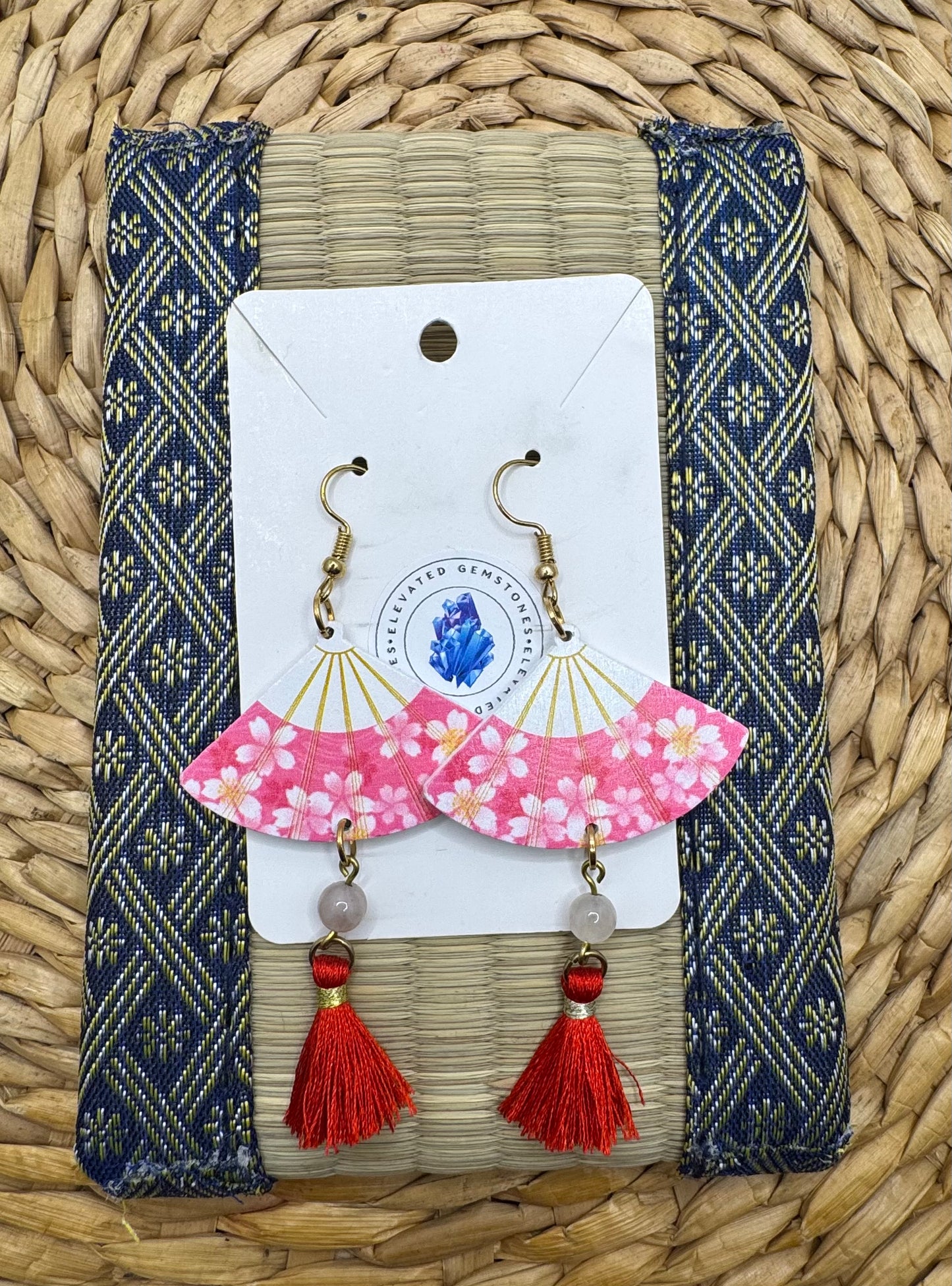 Pink Flower Quartz Tassel Fan Earrings