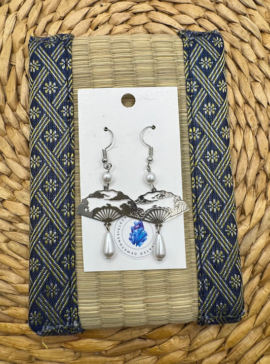 Silver Pearl Fan Earrings