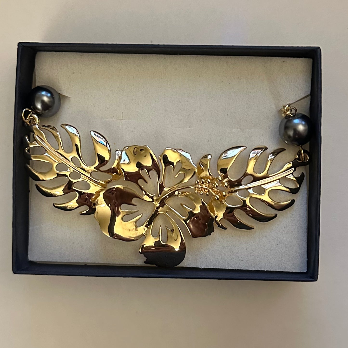 Gold Hibiscus Floral Pendant Necklace