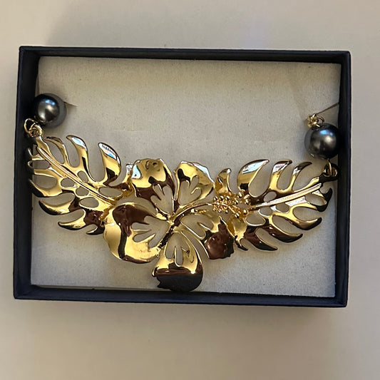 Gold Hibiscus Floral Pendant Necklace