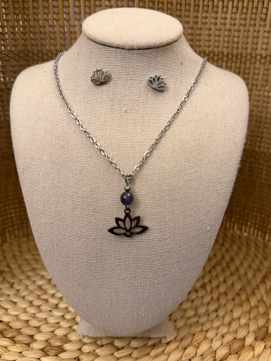 Amethyst Lotus Charm Jewelry Set