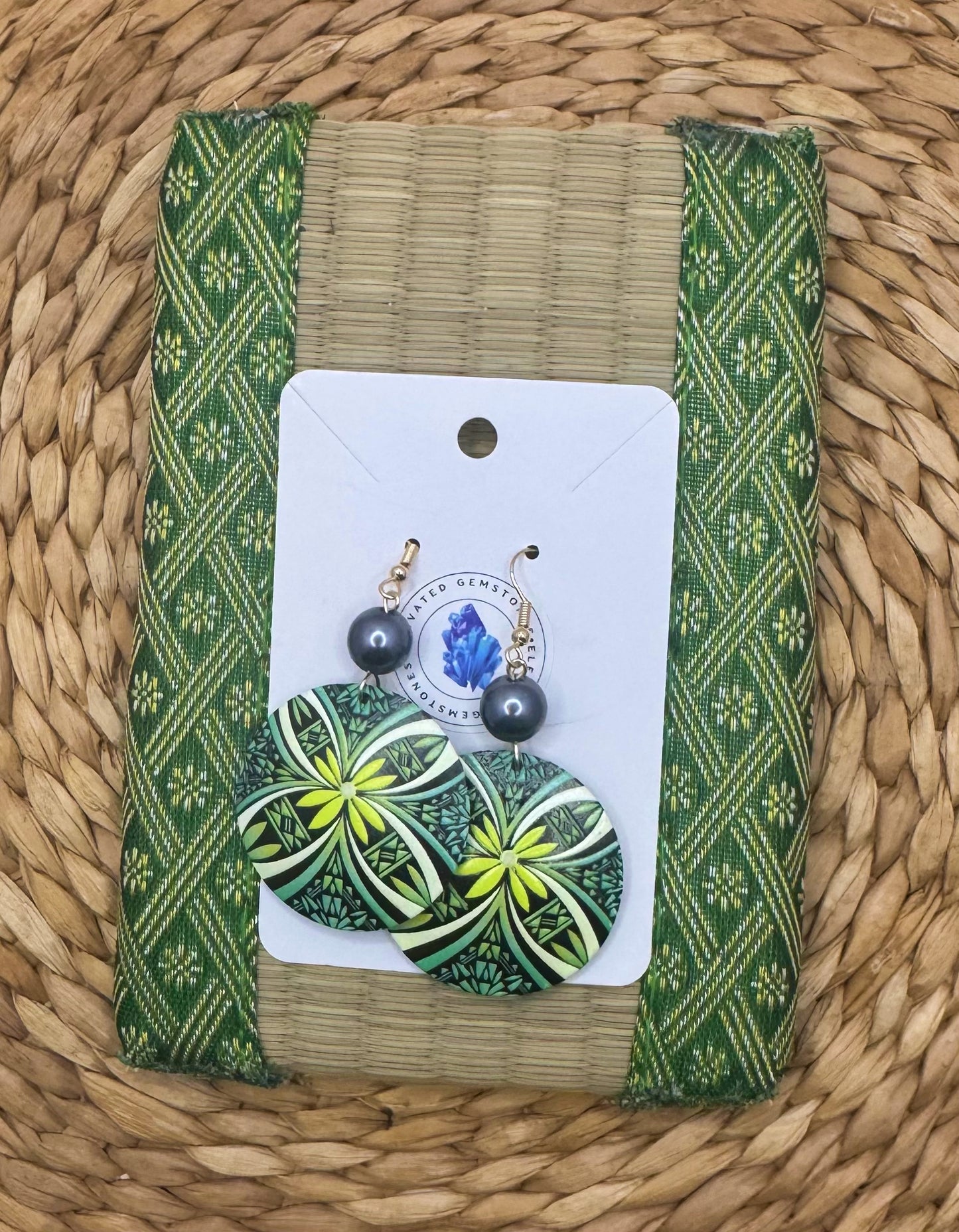 Green Tribal Flower Earrings