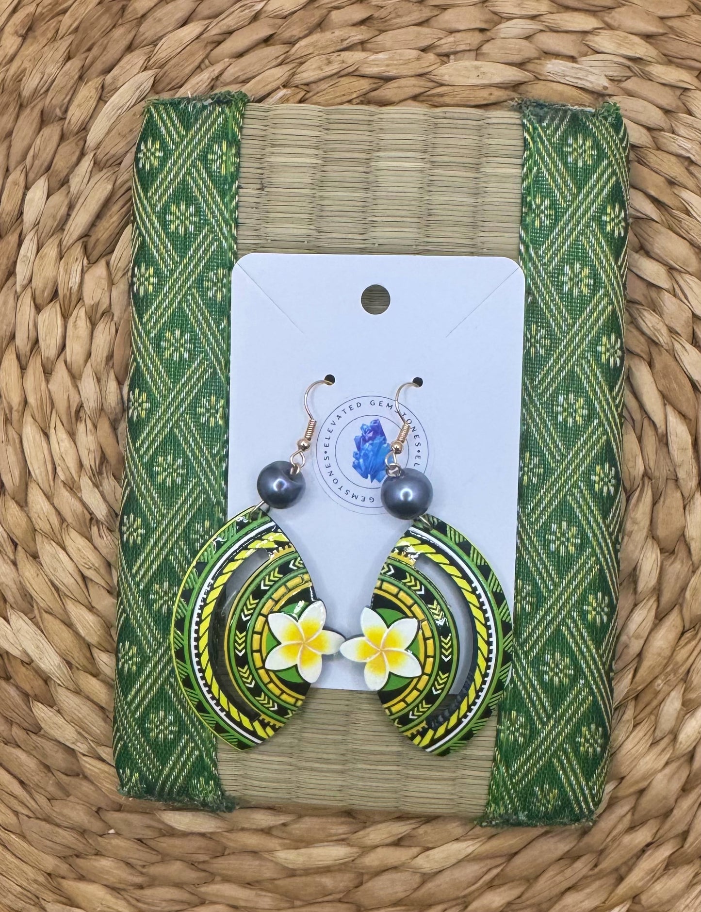 Green Tribal Plumeria Half Circle Earrings