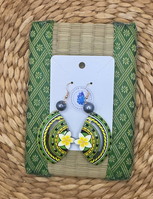 Green Tribal Plumeria Half Circle Earrings