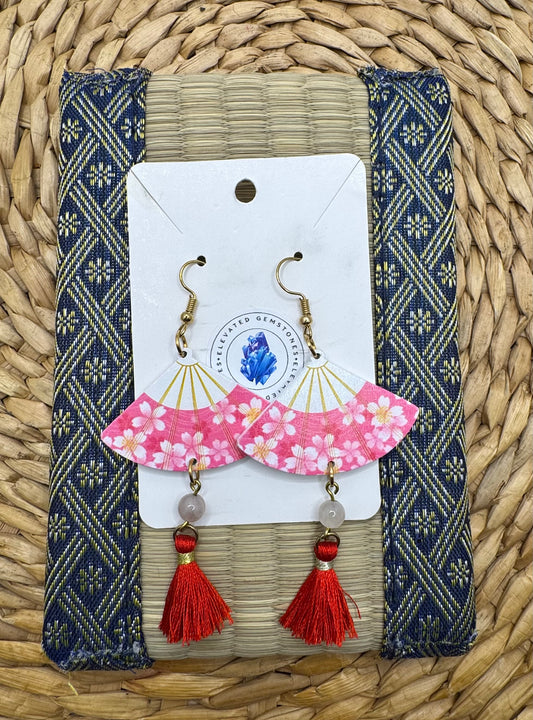 Pink Flower Quartz Tassel Fan Earrings