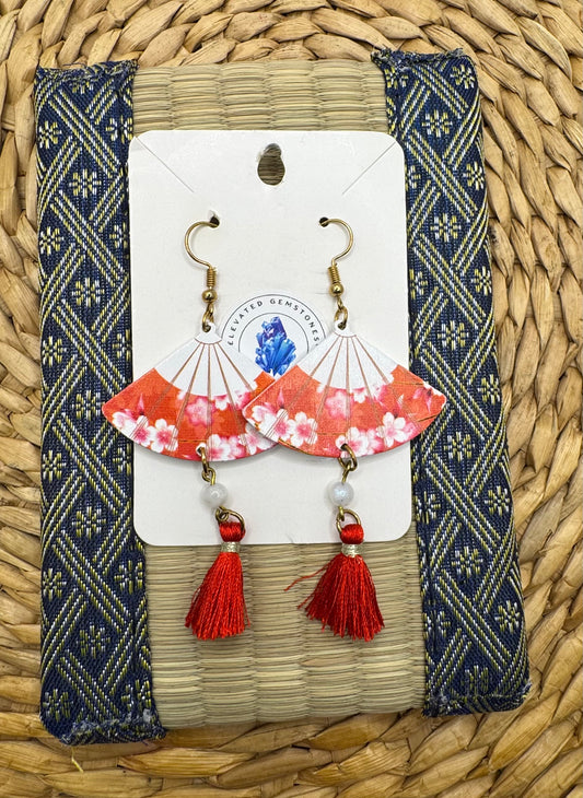 Red Rose Quartz Fan Tassle Earrings
