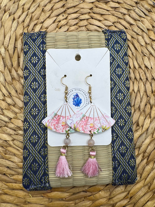 Pink Floral Quartz Fan Earrings