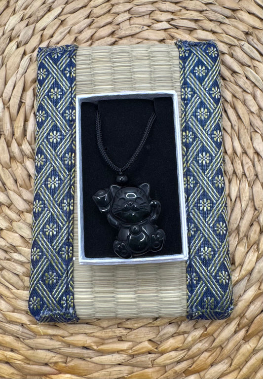 Lucky Cat Obsidian Necklace